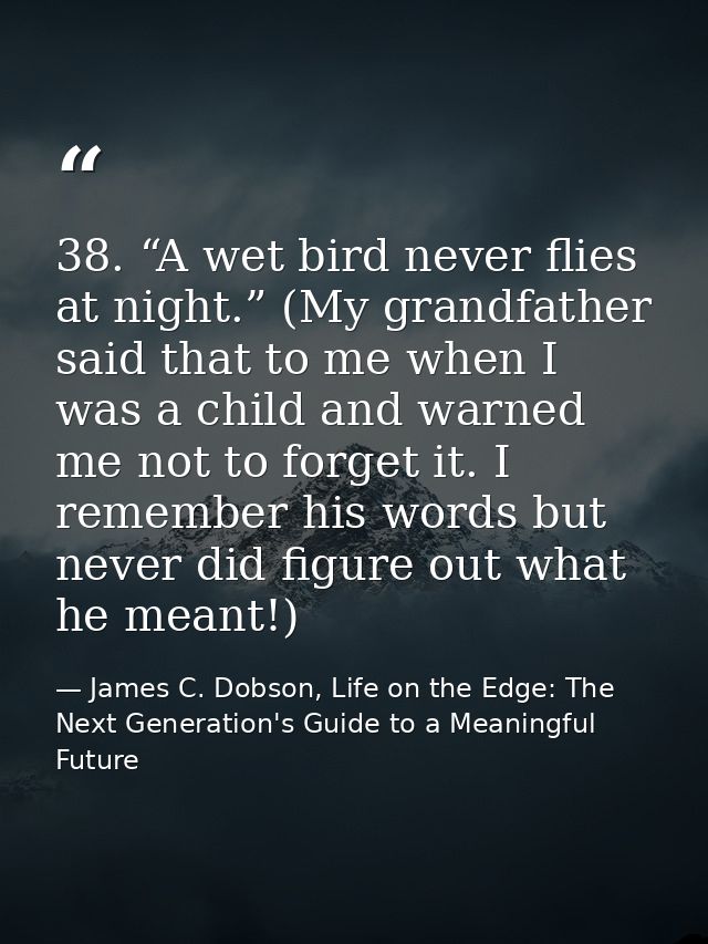 38. “A wet bird never flies at night.” (My grandfather said that to me when I was a child and warned me not to forget it — James C. Dobson, Life on the Edge: The Next Generation's Guide to a Meaningful Future