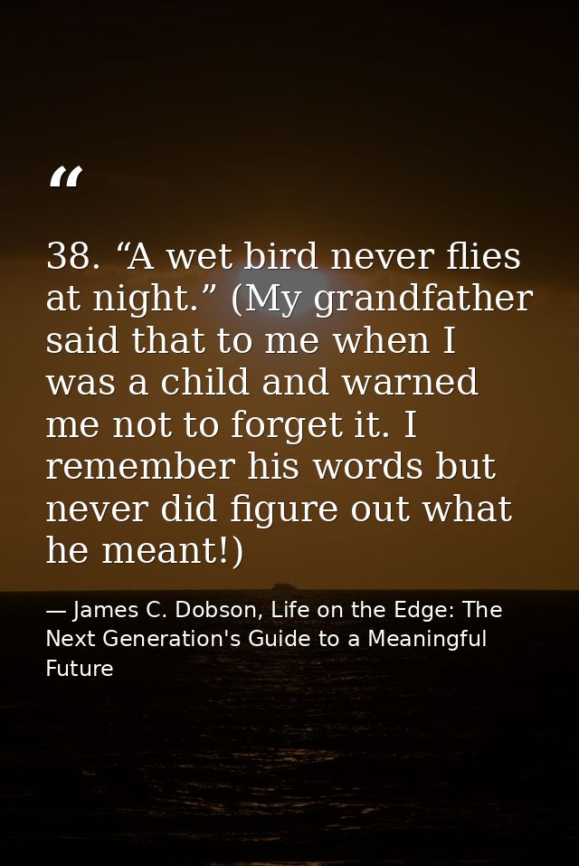 38. “A wet bird never flies at night.” (My grandfather said that to me when I was a child and warned me not to forget it — James C. Dobson, Life on the Edge: The Next Generation's Guide to a Meaningful Future