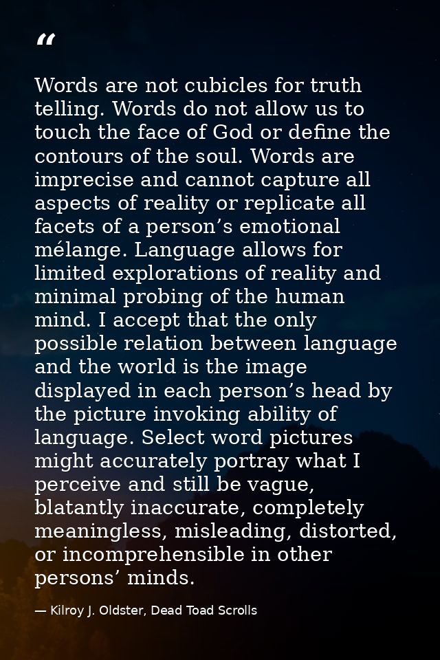 Words are not cubicles for truth telling. Words do not allow us to touch the face of God or define the contours of the s — Kilroy J. Oldster, Dead Toad Scrolls