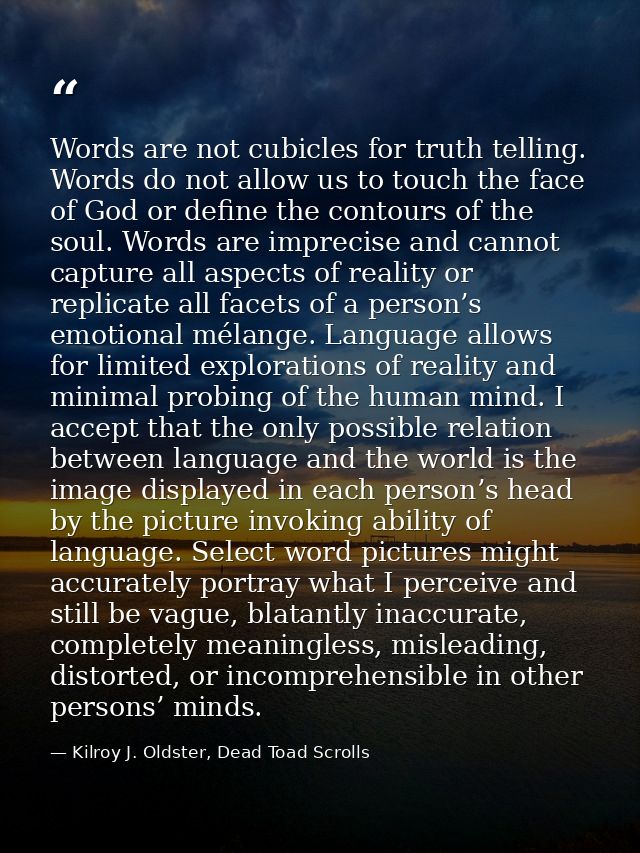 Words are not cubicles for truth telling. Words do not allow us to touch the face of God or define the contours of the s — Kilroy J. Oldster, Dead Toad Scrolls