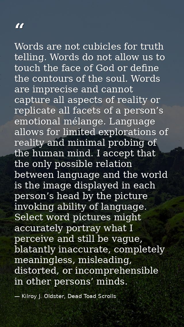 Words are not cubicles for truth telling. Words do not allow us to touch the face of God or define the contours of the s — Kilroy J. Oldster, Dead Toad Scrolls