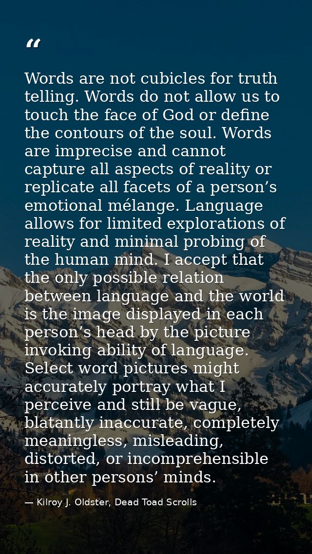 Words are not cubicles for truth telling. Words do not allow us to touch the face of God or define the contours of the s — Kilroy J. Oldster, Dead Toad Scrolls