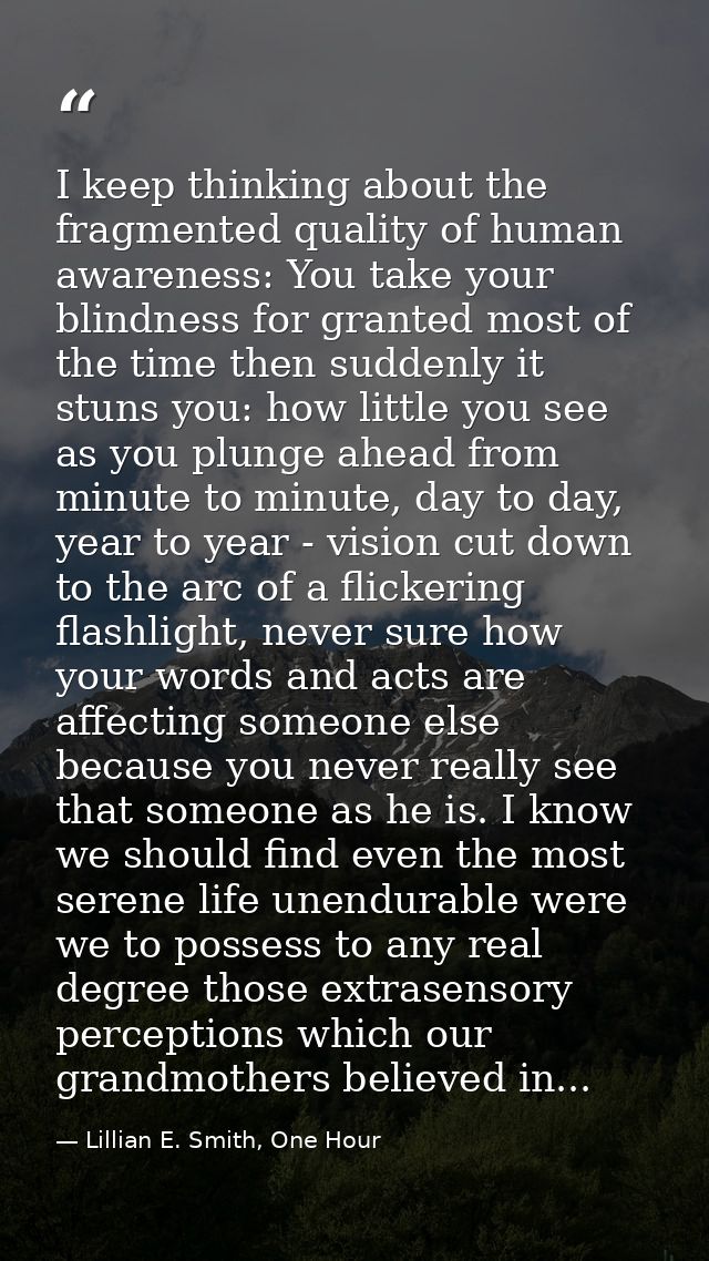 I keep thinking about the fragmented quality of human awareness: You take your blindness for granted most of the time th — Lillian E. Smith, One Hour