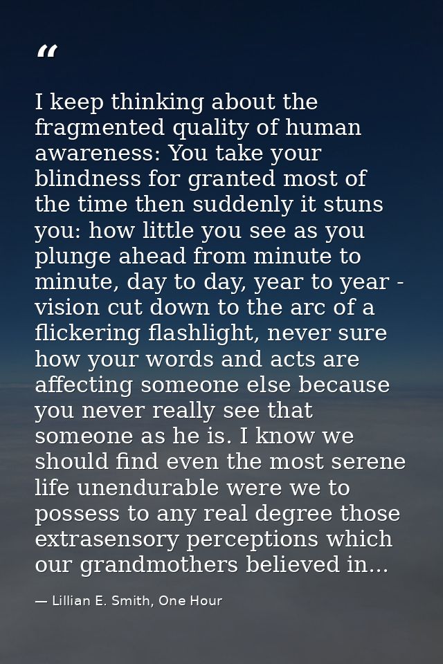 I keep thinking about the fragmented quality of human awareness: You take your blindness for granted most of the time th — Lillian E. Smith, One Hour
