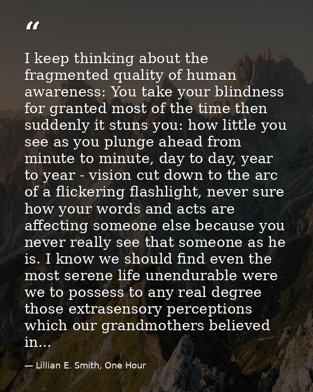 I keep thinking about the fragmented quality of human awareness: You take your blindness for granted most of the time th — Lillian E. Smith, One Hour