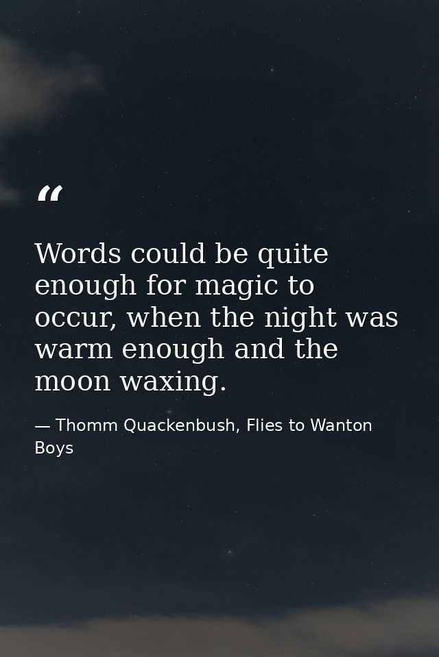 Words could be quite enough for magic to occur, when the night was warm enough and the moon waxing. — Thomm Quackenbush, Flies to Wanton Boys