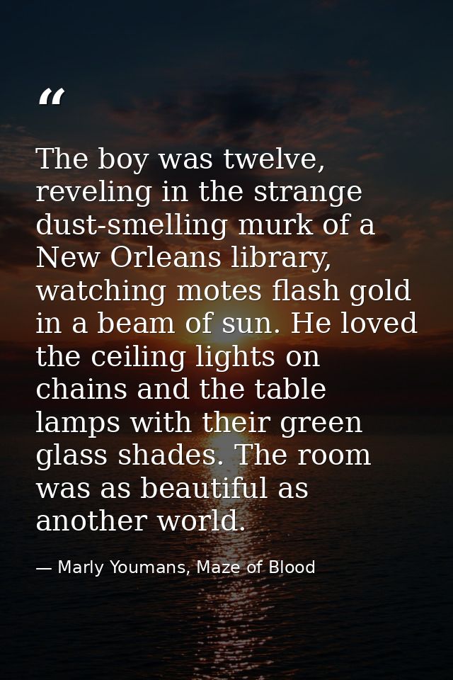 The boy was twelve, reveling in the strange dust-smelling murk of a New Orleans library, watching motes flash gold in a  — Marly Youmans, Maze of Blood
