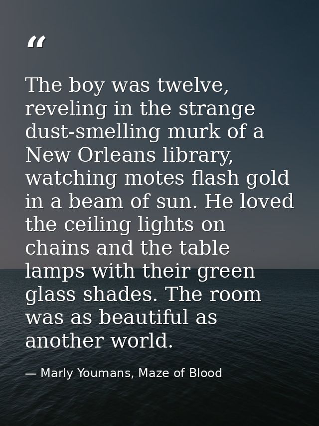 The boy was twelve, reveling in the strange dust-smelling murk of a New Orleans library, watching motes flash gold in a  — Marly Youmans, Maze of Blood