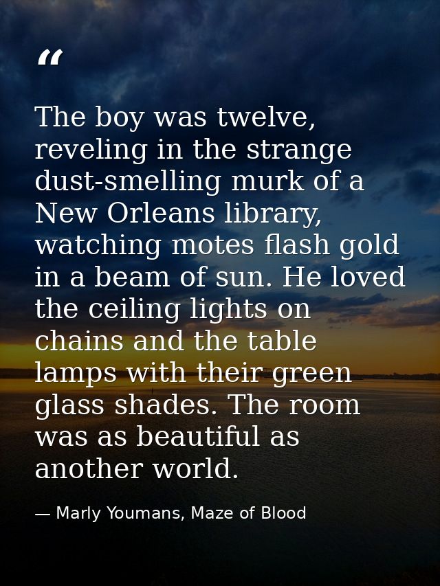 The boy was twelve, reveling in the strange dust-smelling murk of a New Orleans library, watching motes flash gold in a  — Marly Youmans, Maze of Blood