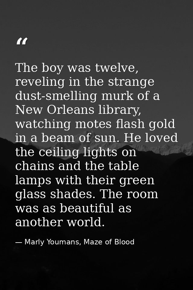 The boy was twelve, reveling in the strange dust-smelling murk of a New Orleans library, watching motes flash gold in a  — Marly Youmans, Maze of Blood