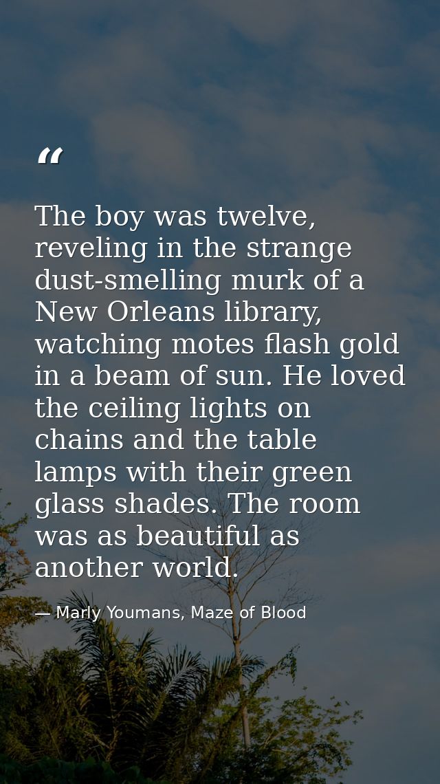 The boy was twelve, reveling in the strange dust-smelling murk of a New Orleans library, watching motes flash gold in a  — Marly Youmans, Maze of Blood