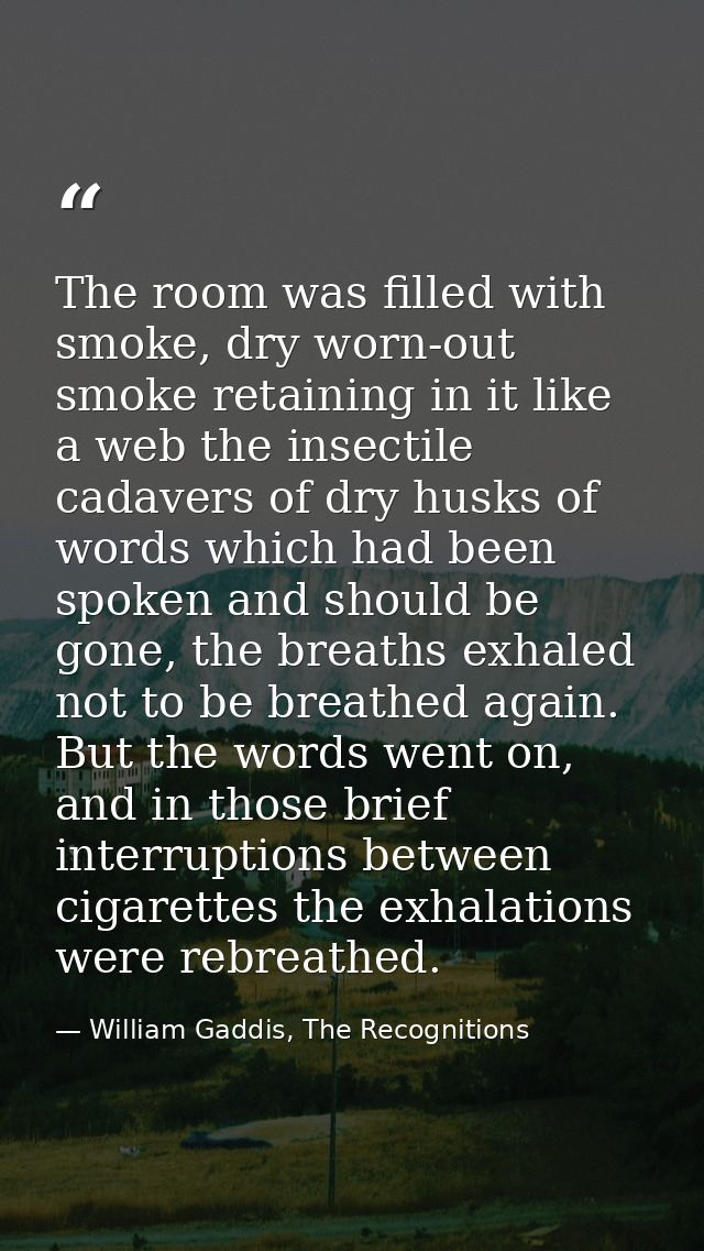 The room was filled with smoke, dry worn-out smoke retaining in it like a web the insectile cadavers of dry husks of wor — William Gaddis, The Recognitions