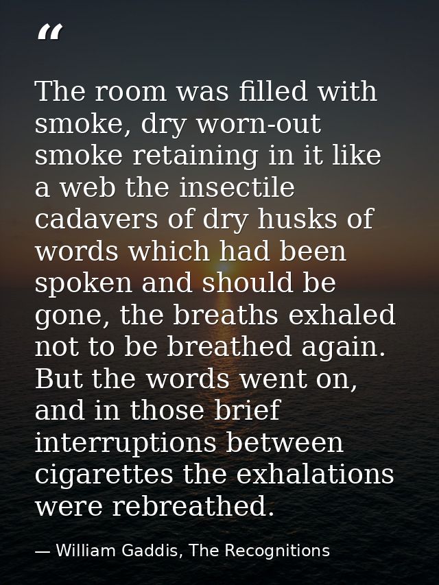 The room was filled with smoke, dry worn-out smoke retaining in it like a web the insectile cadavers of dry husks of wor — William Gaddis, The Recognitions