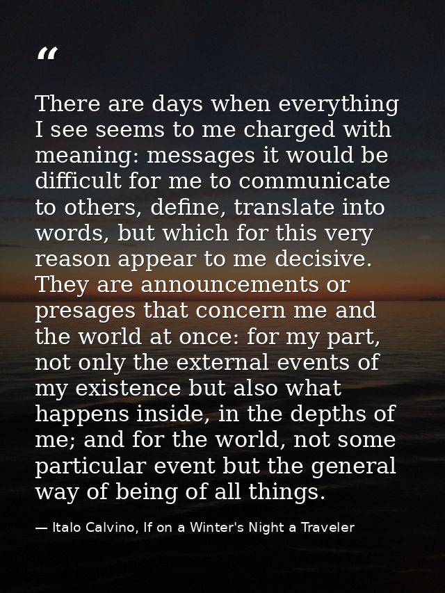 There are days when everything I see seems to me charged with meaning: messages it would be difficult for me to communic — Italo Calvino, If on a Winter's Night a Traveler