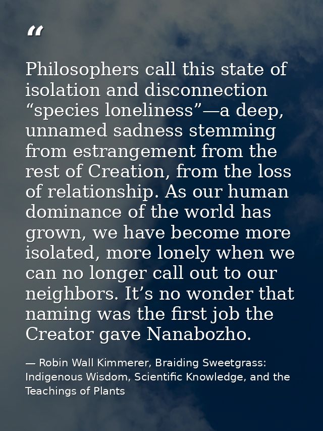 Philosophers call this state of isolation and disconnection “species loneliness”—a deep, unnamed sadness stemming from e — Robin Wall Kimmerer, Braiding Sweetgrass: Indigenous Wisdom, Scientific Knowledge, and the Teachings of Plants