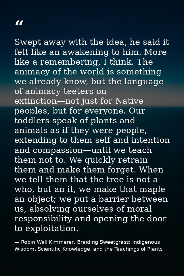 Swept away with the idea, he said it felt like an awakening to him. More like a remembering, I think. The animacy of the — Robin Wall Kimmerer, Braiding Sweetgrass: Indigenous Wisdom, Scientific Knowledge, and the Teachings of Plants