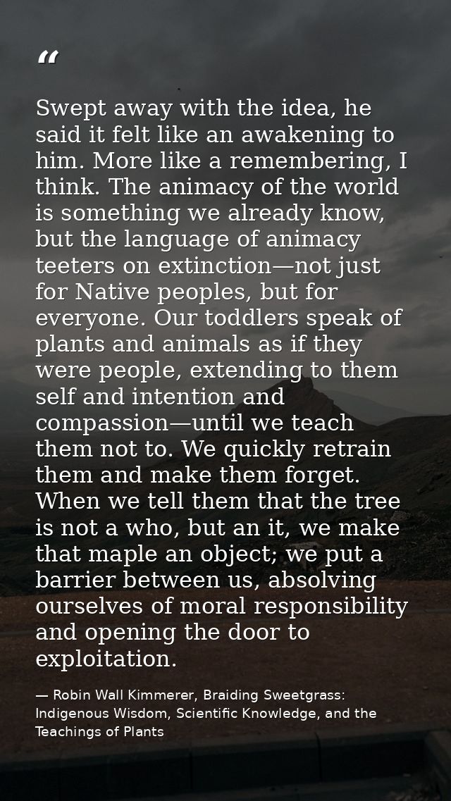Swept away with the idea, he said it felt like an awakening to him. More like a remembering, I think. The animacy of the — Robin Wall Kimmerer, Braiding Sweetgrass: Indigenous Wisdom, Scientific Knowledge, and the Teachings of Plants