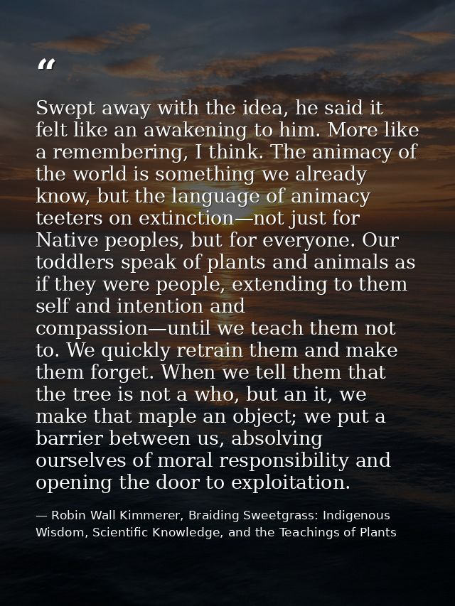 Swept away with the idea, he said it felt like an awakening to him. More like a remembering, I think. The animacy of the — Robin Wall Kimmerer, Braiding Sweetgrass: Indigenous Wisdom, Scientific Knowledge, and the Teachings of Plants