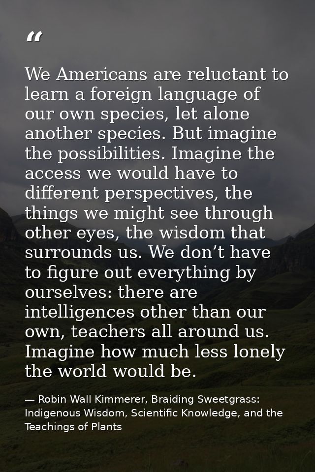 We Americans are reluctant to learn a foreign language of our own species, let alone another species. But imagine the po — Robin Wall Kimmerer, Braiding Sweetgrass: Indigenous Wisdom, Scientific Knowledge, and the Teachings of Plants