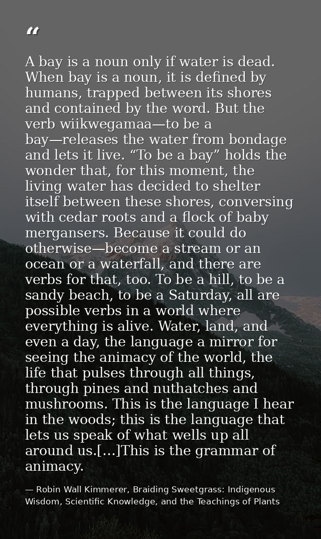 A bay is a noun only if water is dead. When bay is a noun, it is defined by humans, trapped between its shores and conta — Robin Wall Kimmerer, Braiding Sweetgrass: Indigenous Wisdom, Scientific Knowledge, and the Teachings of Plants