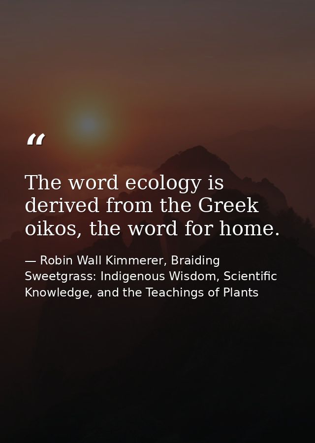 The word ecology is derived from the Greek oikos, the word for home. — Robin Wall Kimmerer, Braiding Sweetgrass: Indigenous Wisdom, Scientific Knowledge, and the Teachings of Plants