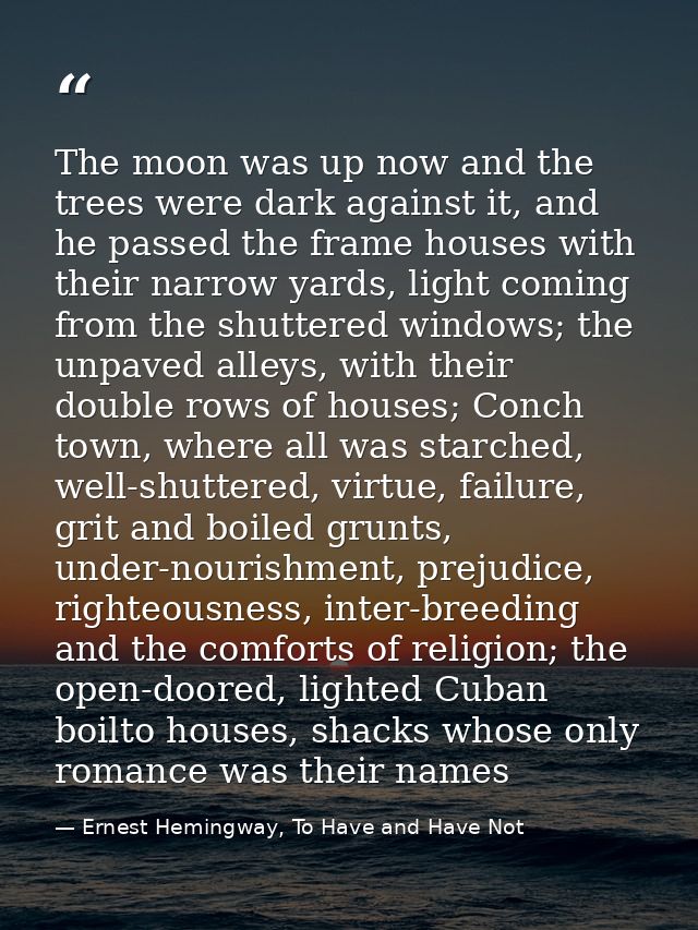 The moon was up now and the trees were dark against it, and he passed the frame houses with their narrow yards, light co — Ernest Hemingway, To Have and Have Not