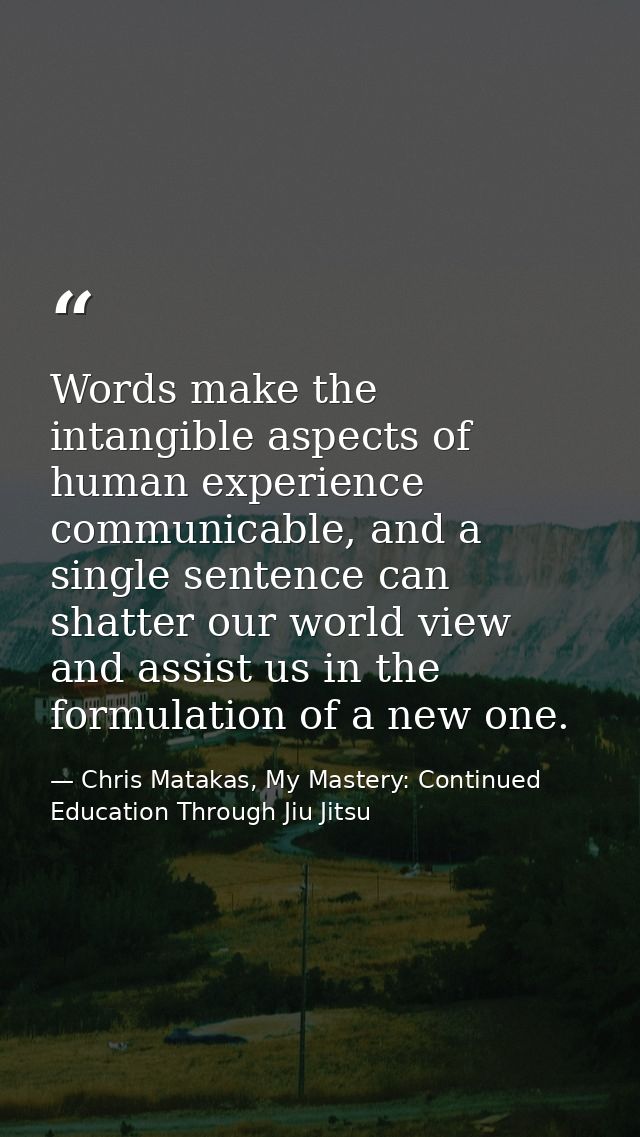 Words make the intangible aspects of human experience communicable, and a single sentence can shatter our world view and — Chris Matakas, My Mastery: Continued Education Through Jiu Jitsu