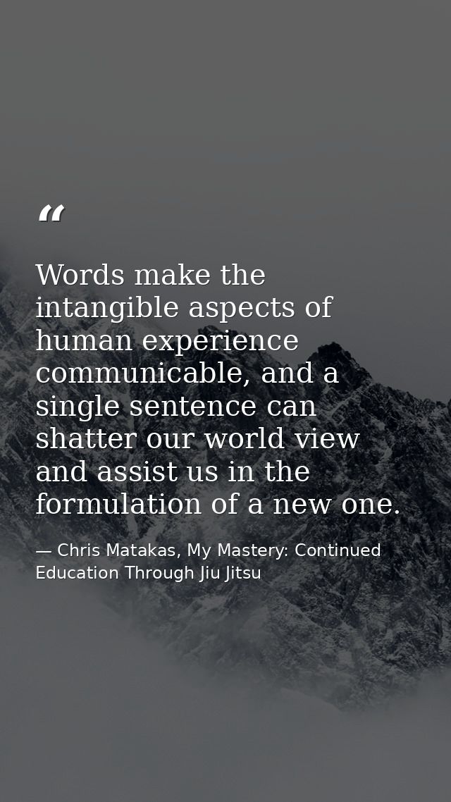 Words make the intangible aspects of human experience communicable, and a single sentence can shatter our world view and — Chris Matakas, My Mastery: Continued Education Through Jiu Jitsu