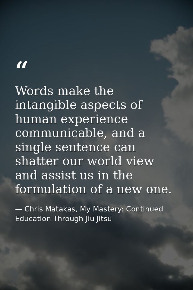 Words make the intangible aspects of human experience communicable, and a single sentence can shatter our world view and — Chris Matakas, My Mastery: Continued Education Through Jiu Jitsu