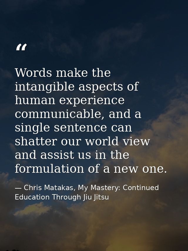 Words make the intangible aspects of human experience communicable, and a single sentence can shatter our world view and — Chris Matakas, My Mastery: Continued Education Through Jiu Jitsu