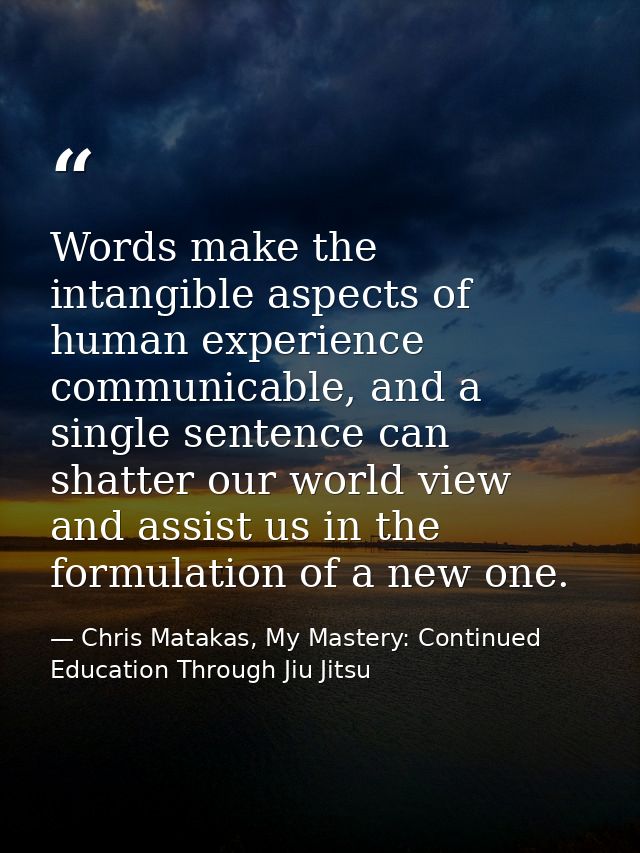 Words make the intangible aspects of human experience communicable, and a single sentence can shatter our world view and — Chris Matakas, My Mastery: Continued Education Through Jiu Jitsu