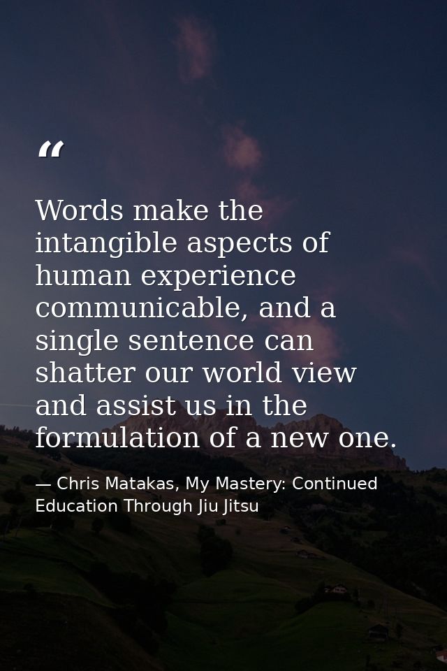 Words make the intangible aspects of human experience communicable, and a single sentence can shatter our world view and — Chris Matakas, My Mastery: Continued Education Through Jiu Jitsu