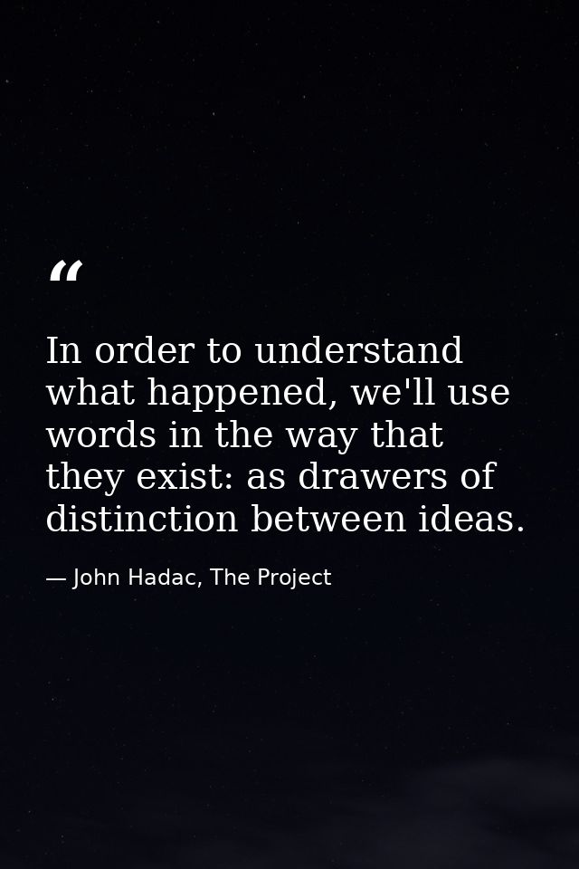 In order to understand what happened, we'll use words in the way that they exist: as drawers of distinction between idea — John Hadac, The Project