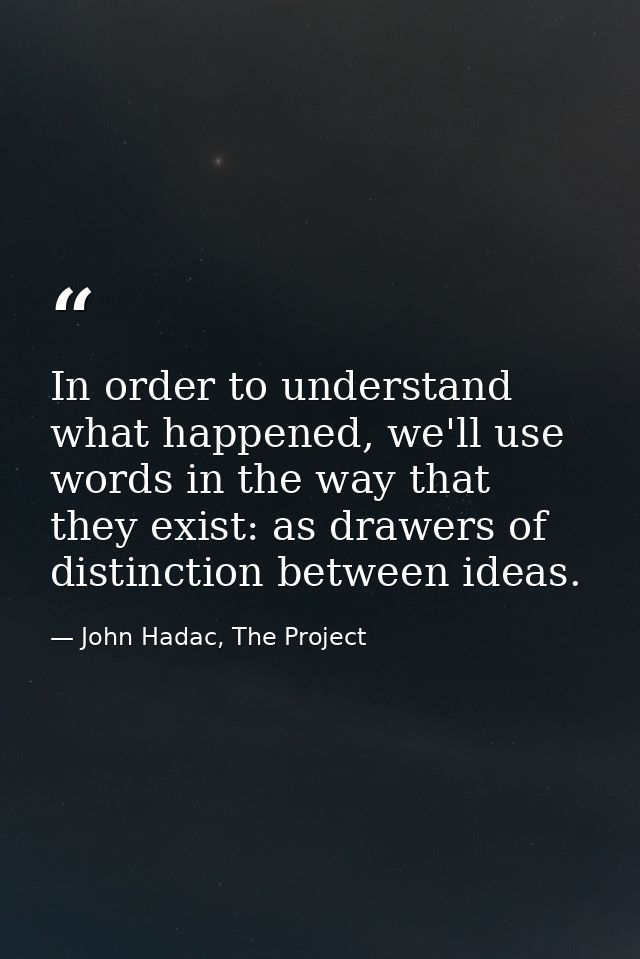 In order to understand what happened, we'll use words in the way that they exist: as drawers of distinction between idea — John Hadac, The Project