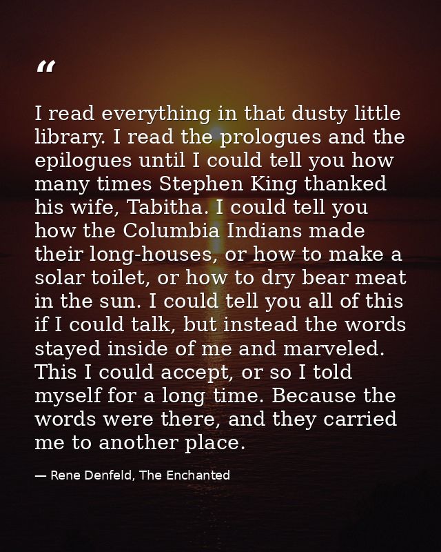 I read everything in that dusty little library. I read the prologues and the epilogues until I could tell you how many t — Rene Denfeld, The Enchanted