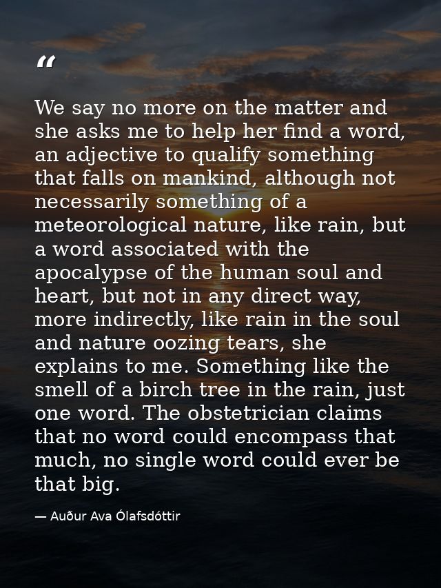 We say no more on the matter and she asks me to help her find a word, an adjective to qualify something that falls on ma — Auður Ava Ólafsdóttir