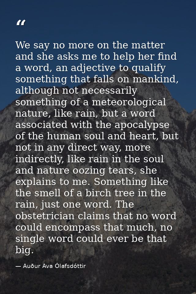 We say no more on the matter and she asks me to help her find a word, an adjective to qualify something that falls on ma — Auður Ava Ólafsdóttir