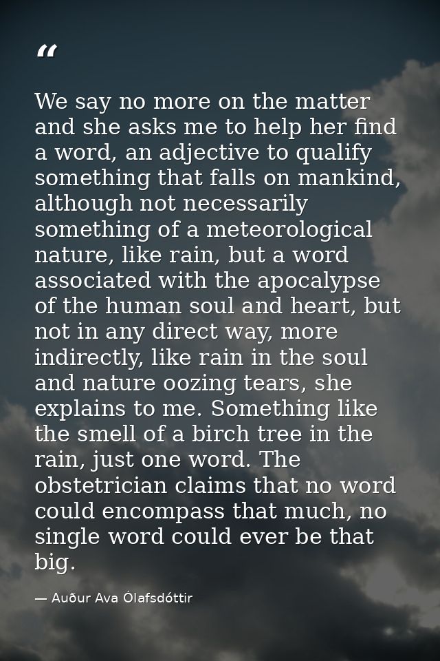 We say no more on the matter and she asks me to help her find a word, an adjective to qualify something that falls on ma — Auður Ava Ólafsdóttir