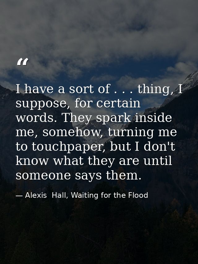 I have a sort of . . . thing, I suppose, for certain words. They spark inside me, somehow, turning me to touchpaper, but — Alexis  Hall, Waiting for the Flood
