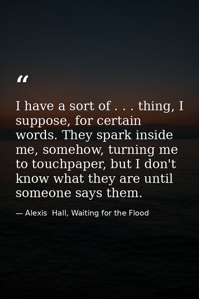 I have a sort of . . . thing, I suppose, for certain words. They spark inside me, somehow, turning me to touchpaper, but — Alexis  Hall, Waiting for the Flood