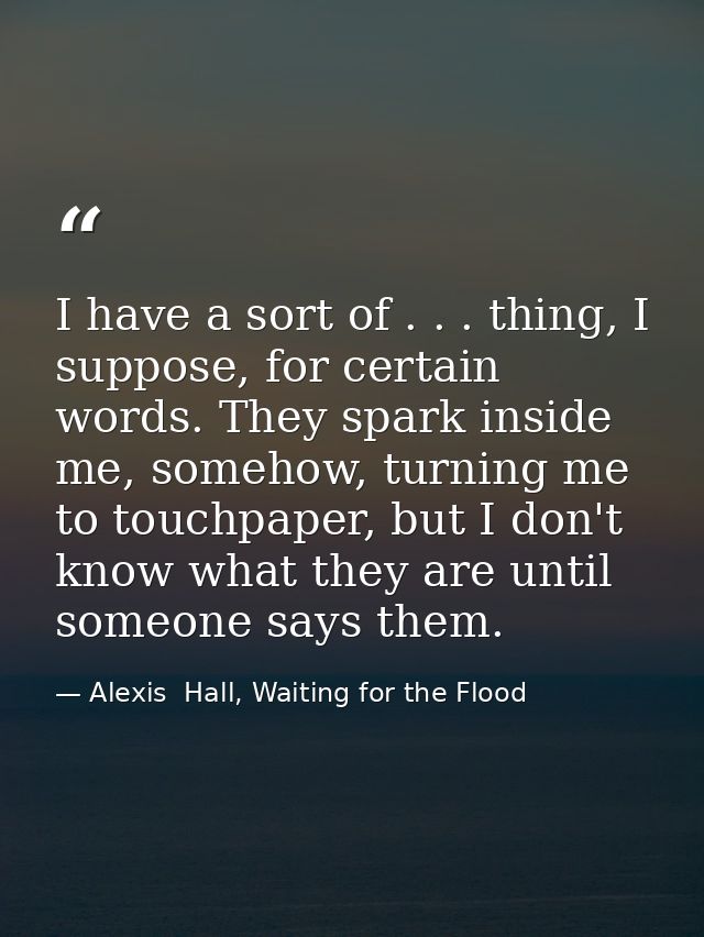 I have a sort of . . . thing, I suppose, for certain words. They spark inside me, somehow, turning me to touchpaper, but — Alexis  Hall, Waiting for the Flood