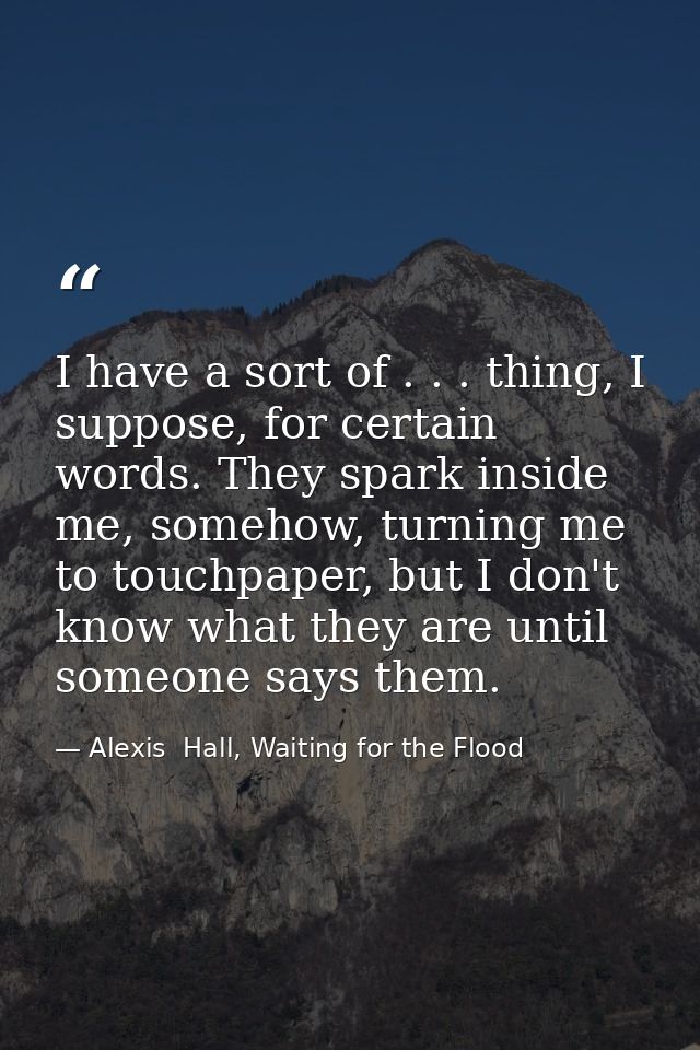 I have a sort of . . . thing, I suppose, for certain words. They spark inside me, somehow, turning me to touchpaper, but — Alexis  Hall, Waiting for the Flood