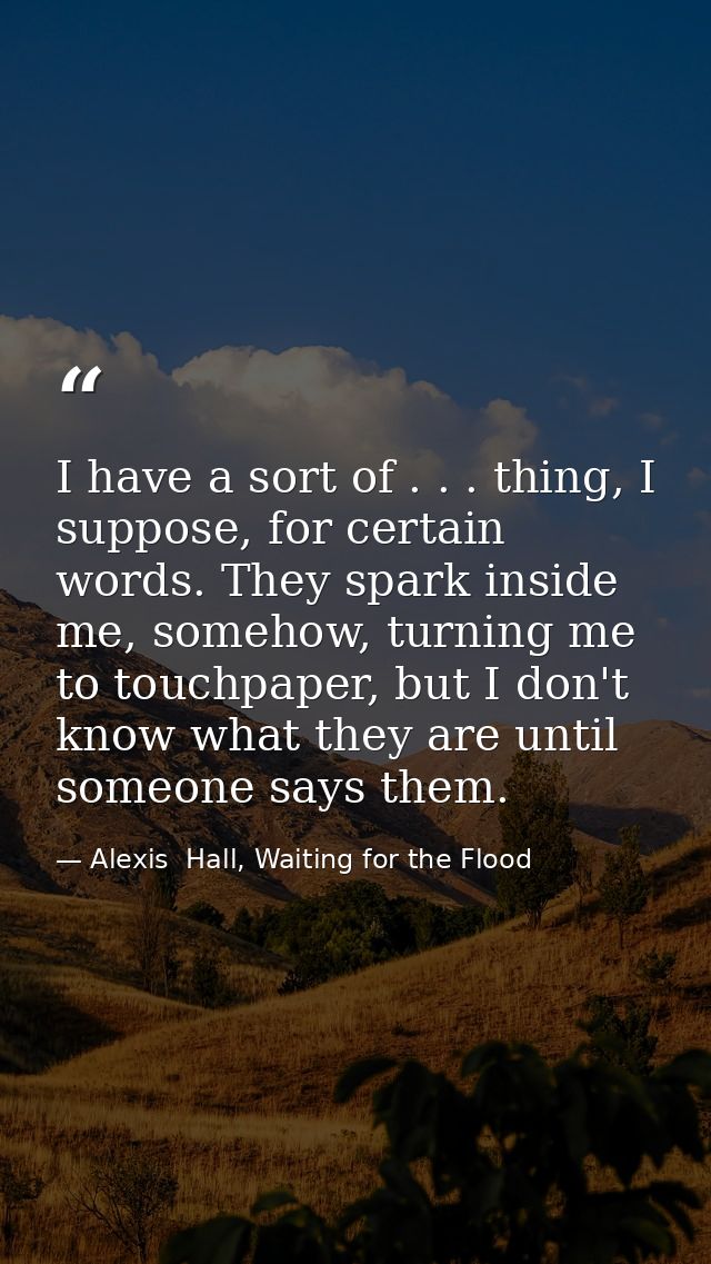 I have a sort of . . . thing, I suppose, for certain words. They spark inside me, somehow, turning me to touchpaper, but — Alexis  Hall, Waiting for the Flood