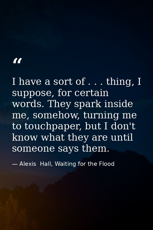 I have a sort of . . . thing, I suppose, for certain words. They spark inside me, somehow, turning me to touchpaper, but — Alexis  Hall, Waiting for the Flood