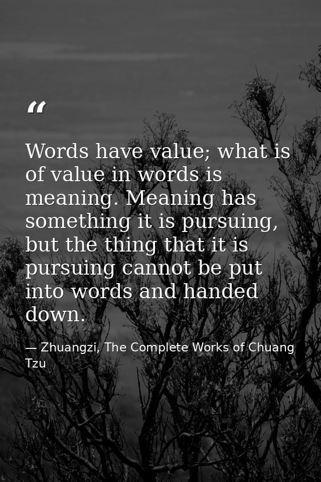 Words have value; what is of value in words is meaning. Meaning has something it is pursuing, but the thing that it is p — Zhuangzi, The Complete Works of Chuang Tzu