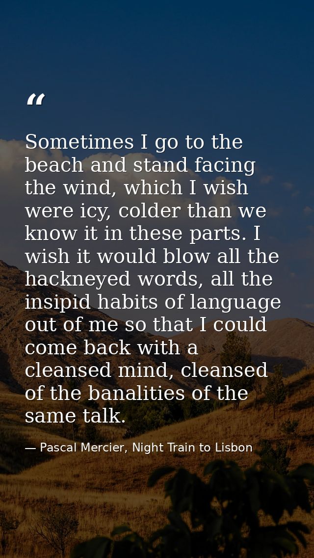 Sometimes I go to the beach and stand facing the wind, which I wish were icy, colder than we know it in these parts. I w — Pascal Mercier, Night Train to Lisbon