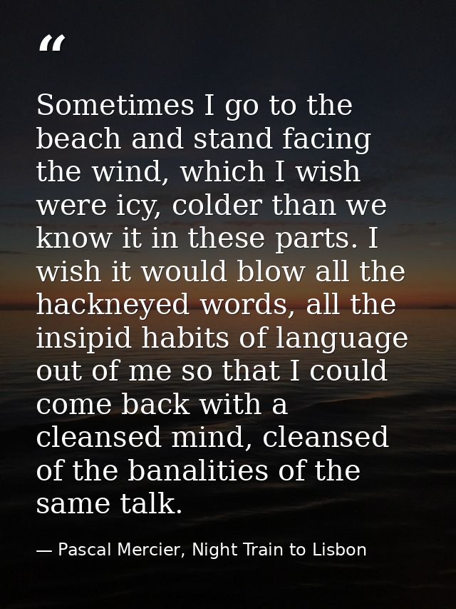 Sometimes I go to the beach and stand facing the wind, which I wish were icy, colder than we know it in these parts. I w — Pascal Mercier, Night Train to Lisbon