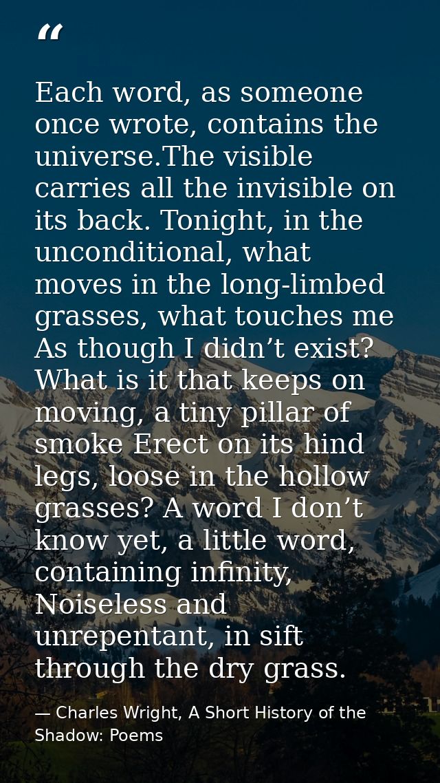 Each word, as someone once wrote, contains the universe.The visible carries all the invisible on its back. Tonight, in t — Charles Wright, A Short History of the Shadow: Poems