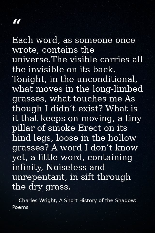 Each word, as someone once wrote, contains the universe.The visible carries all the invisible on its back. Tonight, in t — Charles Wright, A Short History of the Shadow: Poems