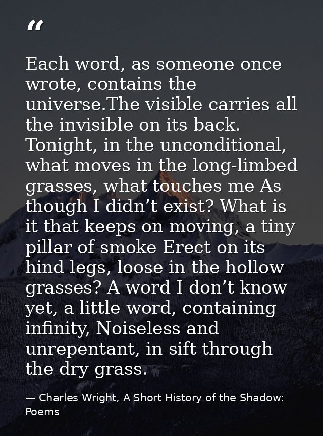 Each word, as someone once wrote, contains the universe.The visible carries all the invisible on its back. Tonight, in t — Charles Wright, A Short History of the Shadow: Poems